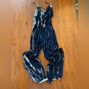 Navy Blue and white  Tie-Dye rayon jumpsuit,    adjustable spaghetti straps